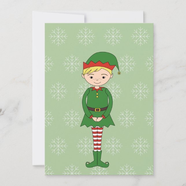 illusima Boy Elf Snowflakes Green Christmas Card (Front)