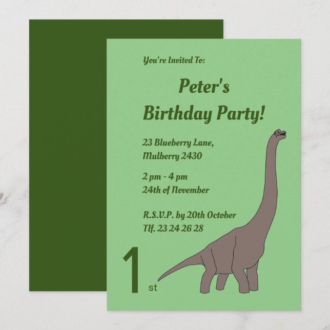 illusima Brown Long Necked Dinosaur Boys Birthday Invitation (Front/Back)
