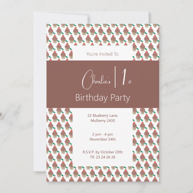 illusima Chocolate Cherry Cupcake 1st Birthday Invitation (Front)