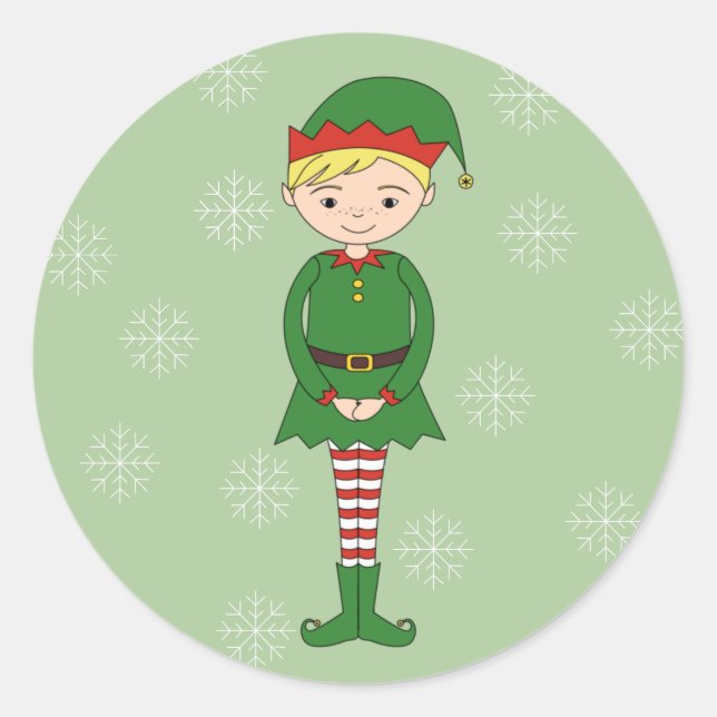 illusima Christmas Boy Elf Snowflakes Green Classic Round Sticker (Front)