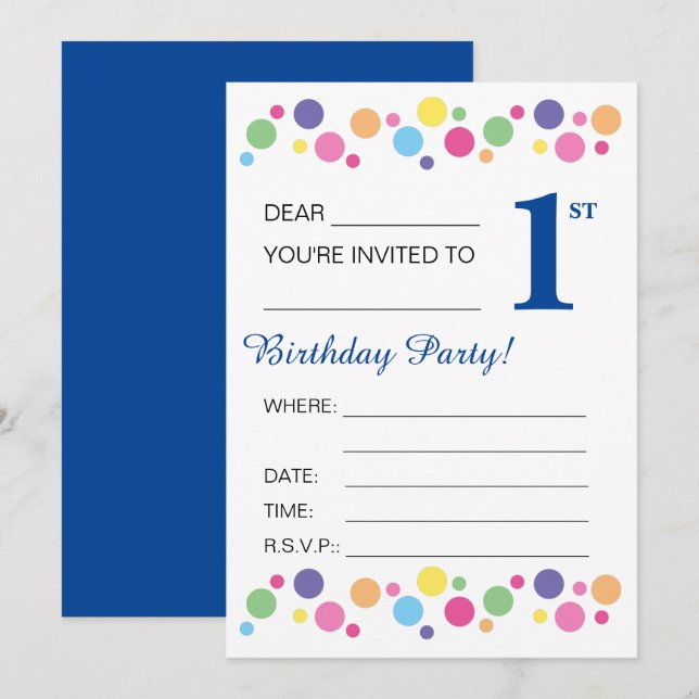 illusima Circles, Dark Blue, 1st Birthday Party Invitation (Front/Back)