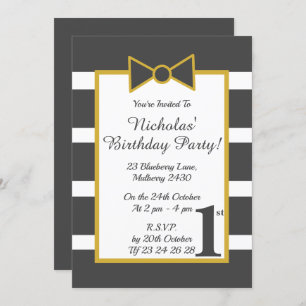 illusima  Grey Gold Stripy Boys Bow Birthday Party Invitation
