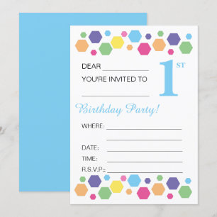 illusima Hexigons, Blue, 1st Birthday Party Invitation