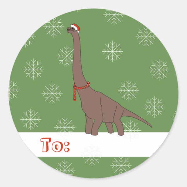 illusima Long-Necked Dinosaur Christmas Snowflakes Classic Round Sticker (Front)