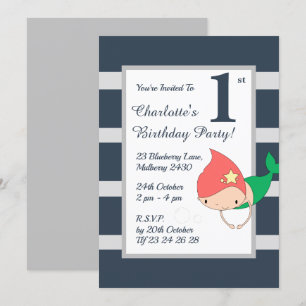 illusima Mermaid Blue Stripy Girls Birthday Party Invitation