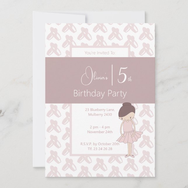 illusima Pink Ballerina Shoes Pattern 5th Birthday Invitation (Front)
