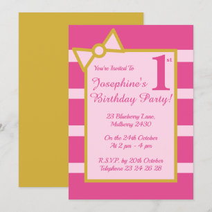 illusima Pink Stripes Girls Gold Birthday Party Invitation