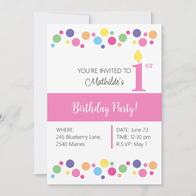 illusima Rainbow Circles, Pink Back, 1st Birthday Invitation (Front)