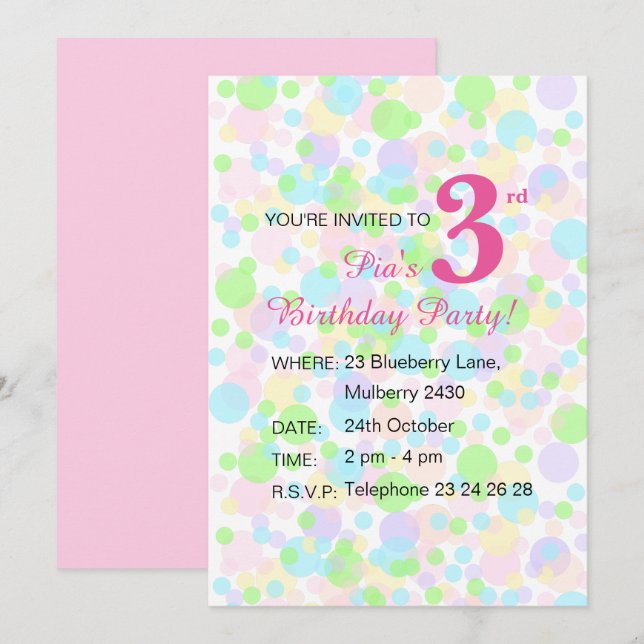 illusima Rainbow Pastel Dots Girls Pink Birthday Invitation (Front/Back)