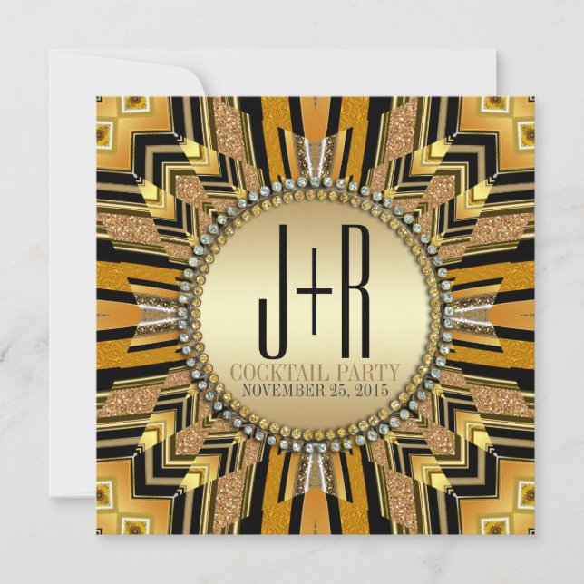 Illusion Art Deco Black Gold Dinner Party Invite (Front)