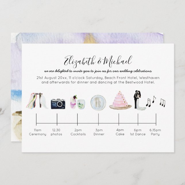 Illustrated Beach Wedding Timeline Invitation (Front/Back)