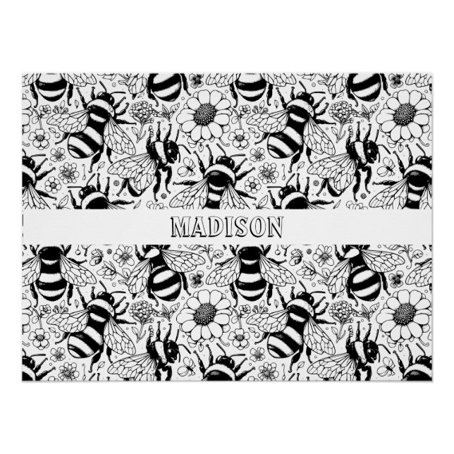 Illustrated Bee Pattern Personalised Colouring Poster (Front)