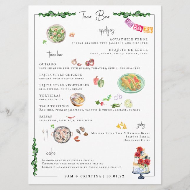 Illustrated Bespoke | Taco Bar Wedding Menu (Front)