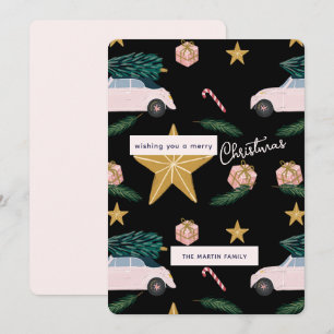 Illustrated Black Pink Christmas Tree Cars Holiday Card