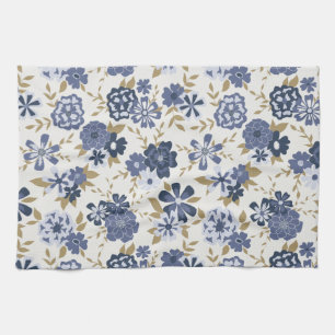 Illustrated Blue Vector Botanical Flowers Vines Tea Towel