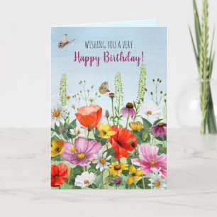 Illustrated bright watercolor wild flowers card