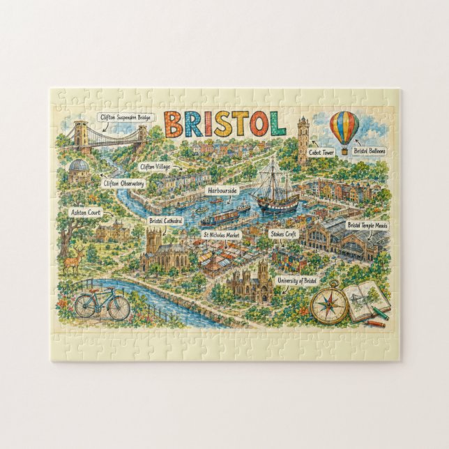 Illustrated Bristol Landmarks Adventure Map Jigsaw Puzzle (Horizontal)