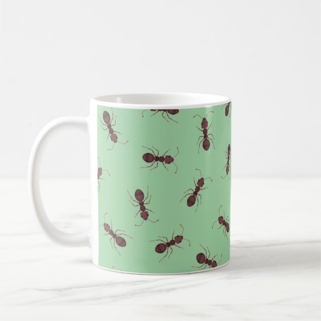 Illustrated Brown Ants on Green Coffee Mug (Left)