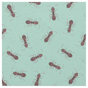 Illustrated Brown Ants on Light Turquoise Fabric