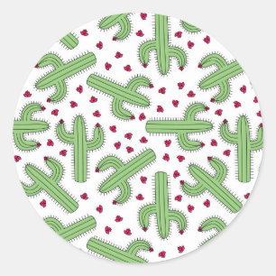 Illustrated Cactus & Pink Flowers Pattern Classic Round Sticker