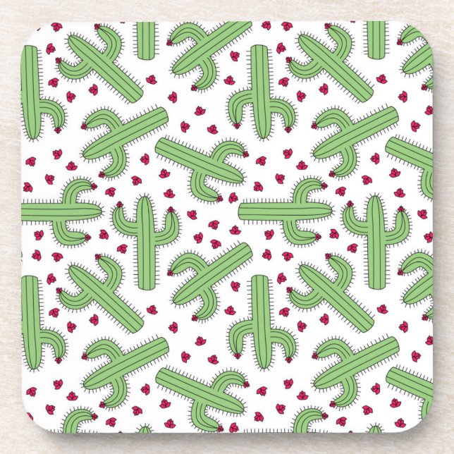Illustrated Cactus & Pink Flowers Pattern Coaster (Front)