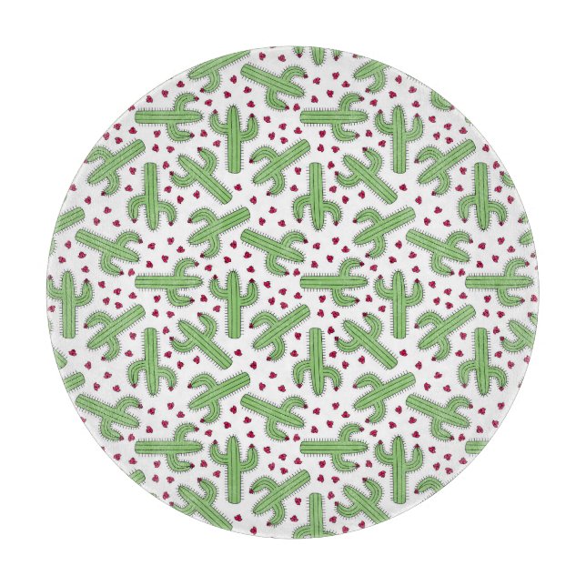 Illustrated Cactus & Pink Flowers Pattern Cutting Board (Front)