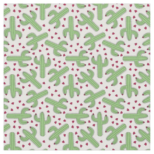 Illustrated Cactus & Pink Flowers Pattern Fabric (Close Up)