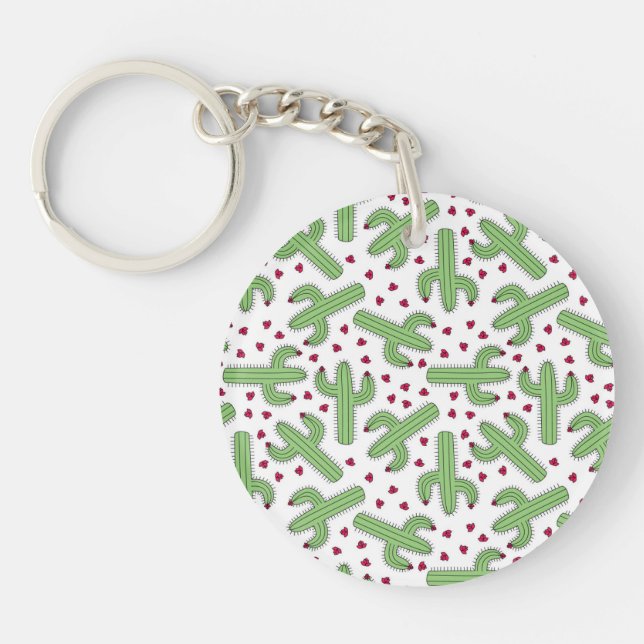 Illustrated Cactus & Pink Flowers Pattern Key Ring (Front)