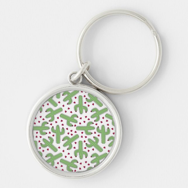 Illustrated Cactus & Pink Flowers Pattern Key Ring (Front)