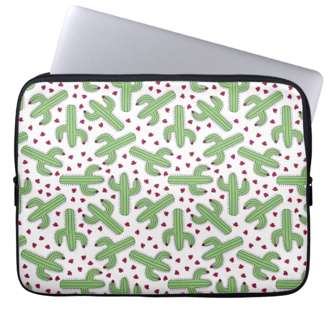 Illustrated Cactus & Pink Flowers Pattern Laptop Sleeve (Front)