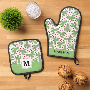 Illustrated Cactus & Pink Flowers Pattern Oven Mitt & Pot Holder Set