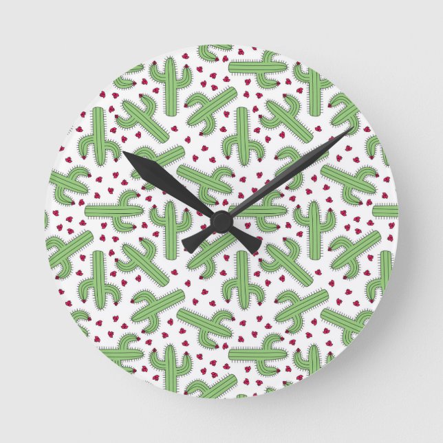 Illustrated Cactus & Pink Flowers Pattern Round Clock (Front)