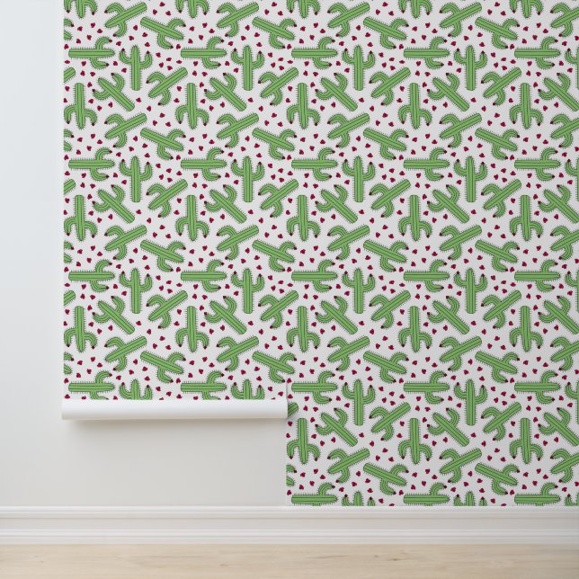 Illustrated Cactus & Pink Flowers Pattern Wallpaper (Application)