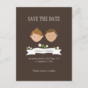 Illustrated Cartoon Couple Portrait Wedding Announcement Postcard