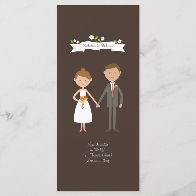 Illustrated Cartoon Couple Portrait Wedding Programme (Front)