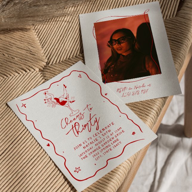 Illustrated Cheers To Thirty 30th Photo Birthday Invitation (Creator Uploaded)