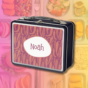 Illustrated Chilli Pepper Pattern with Kids Name Metal Lunch Box