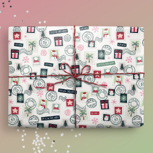 Illustrated Christmas Mail Stamps Wrapping Paper