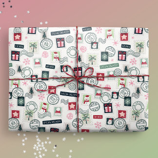 Illustrated Christmas Mail Stamps Wrapping Paper