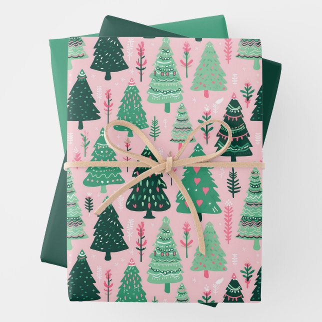 Illustrated Christmas Tree Green & Pink Wrapping Wrapping Paper Sheet (In situ)