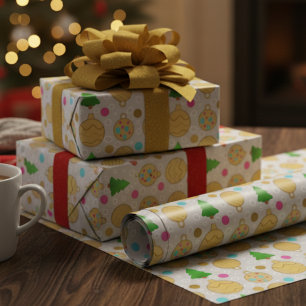 Illustrated Christmas Trees & Gold Ornaments Wrapping Paper