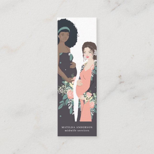Illustrated colourful + floral midwife mini business card (Front)