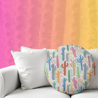 Illustrated Colourful Saguaro Cactus Pattern Round Cushion