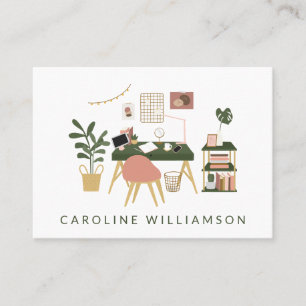 Illustrated Cosy Home Office Scene Custom Unique  Business Card