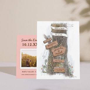 Illustrated Country Tree Trunk Save the Date Announcement Postcard