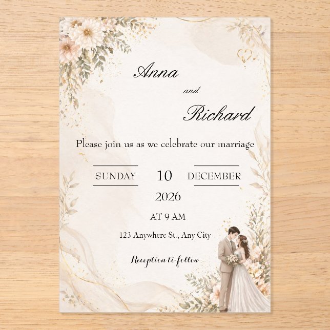 Illustrated Couple & Light Pink Florals Invitation (Front)