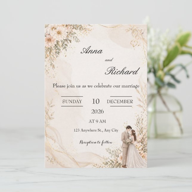 Illustrated Couple & Light Pink Florals Invitation (Standing Front)