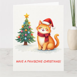 Illustrated Cute Orange Cat and Christmas Tree Card