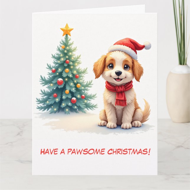 Illustrated Cute Puppy and Christmas Tree Card (Front)