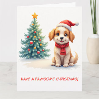 Illustrated Cute Puppy and Christmas Tree Card